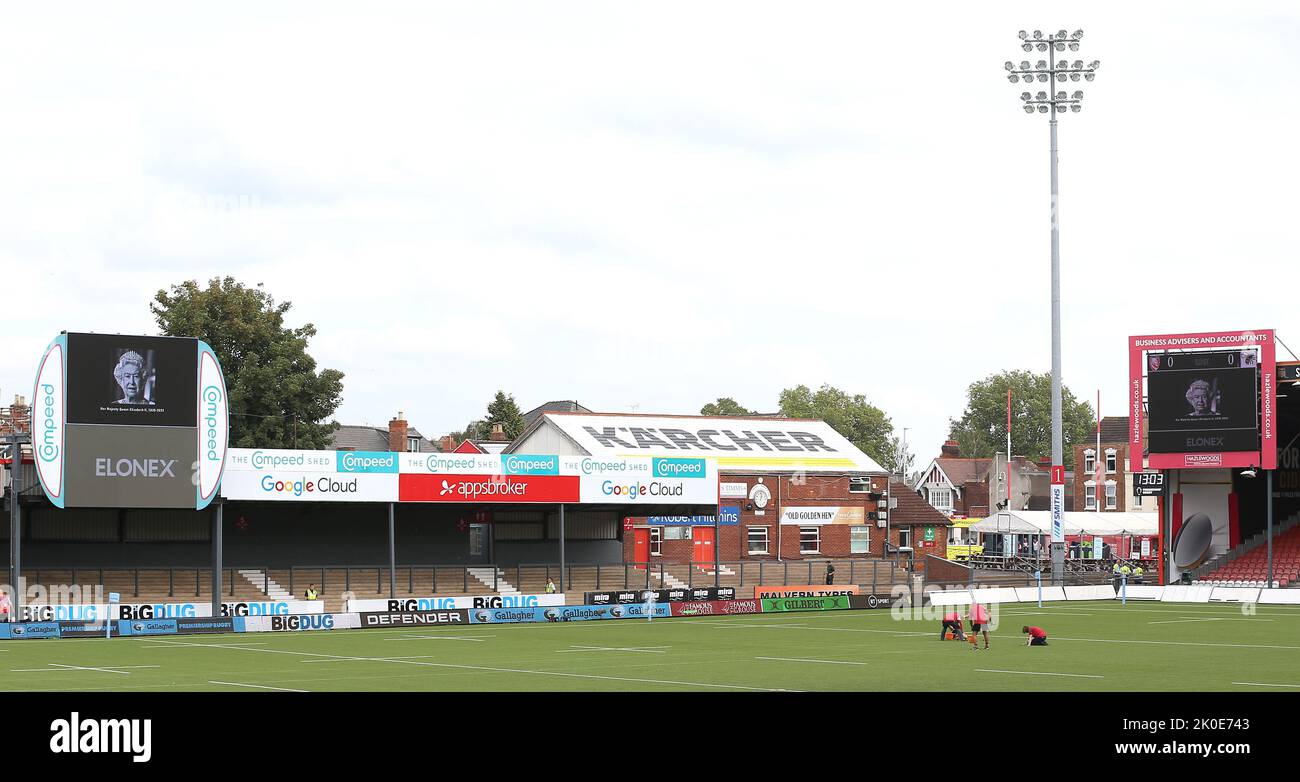 A general view of the big screen with a tribute to Queen Elizabeth II following her death on Thursday, before the game between Gloucester Rugby and Wasps’ during the Gallagher Premiership match at Kingsholm Stadium, Gloucester. Picture date: Sunday September 11, 2022. Stock Photo