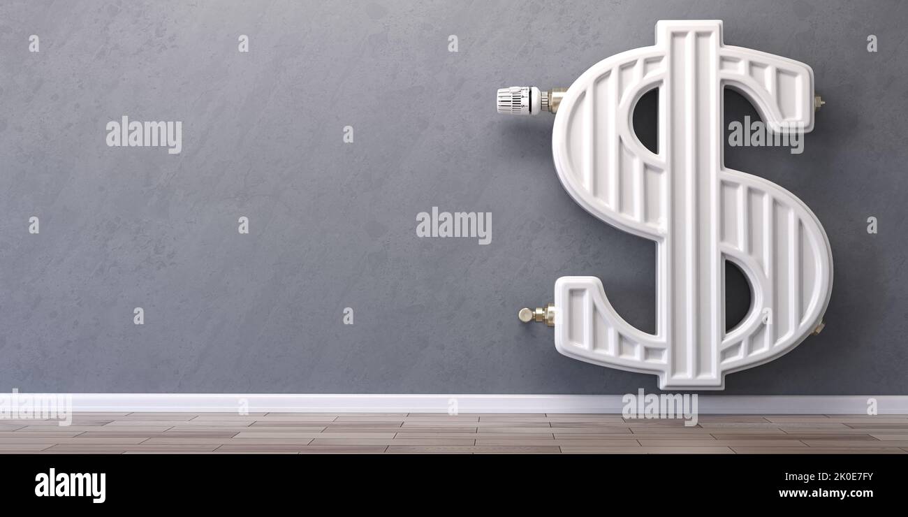 Heating radiator in form of dollar sign.  Energy crisis, energy efficiency and rising heating costs in USA concept. 3d illustration Stock Photo
