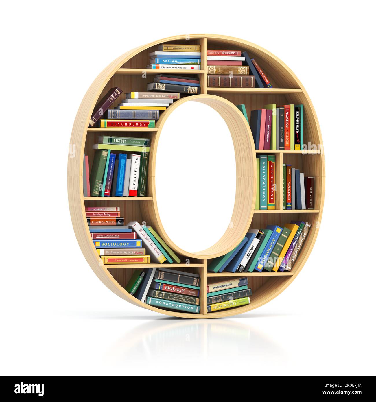 Letter O in form of bookshelf with book and texbooks. Educational and learning conceptual font and alphabet. 3d illustration Stock Photo