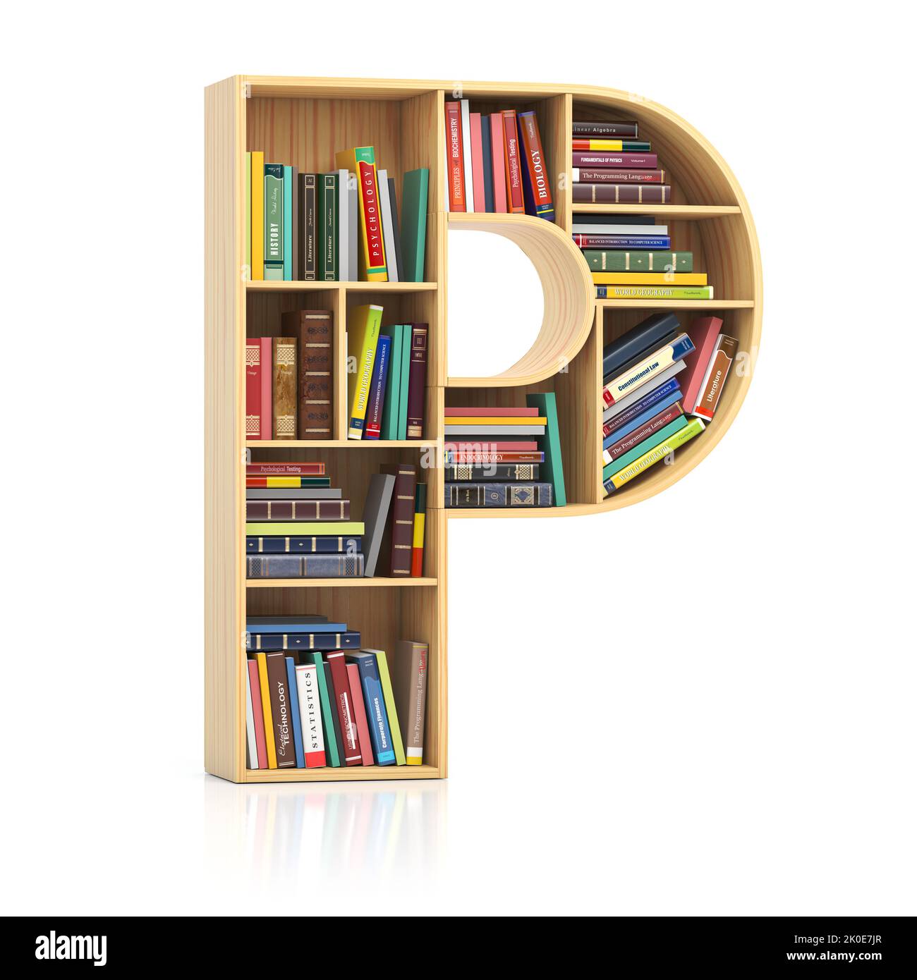 Letter P in form of bookshelf with book and texbooks. Educational and learning conceptual font and alphabet. 3d illustration Stock Photo