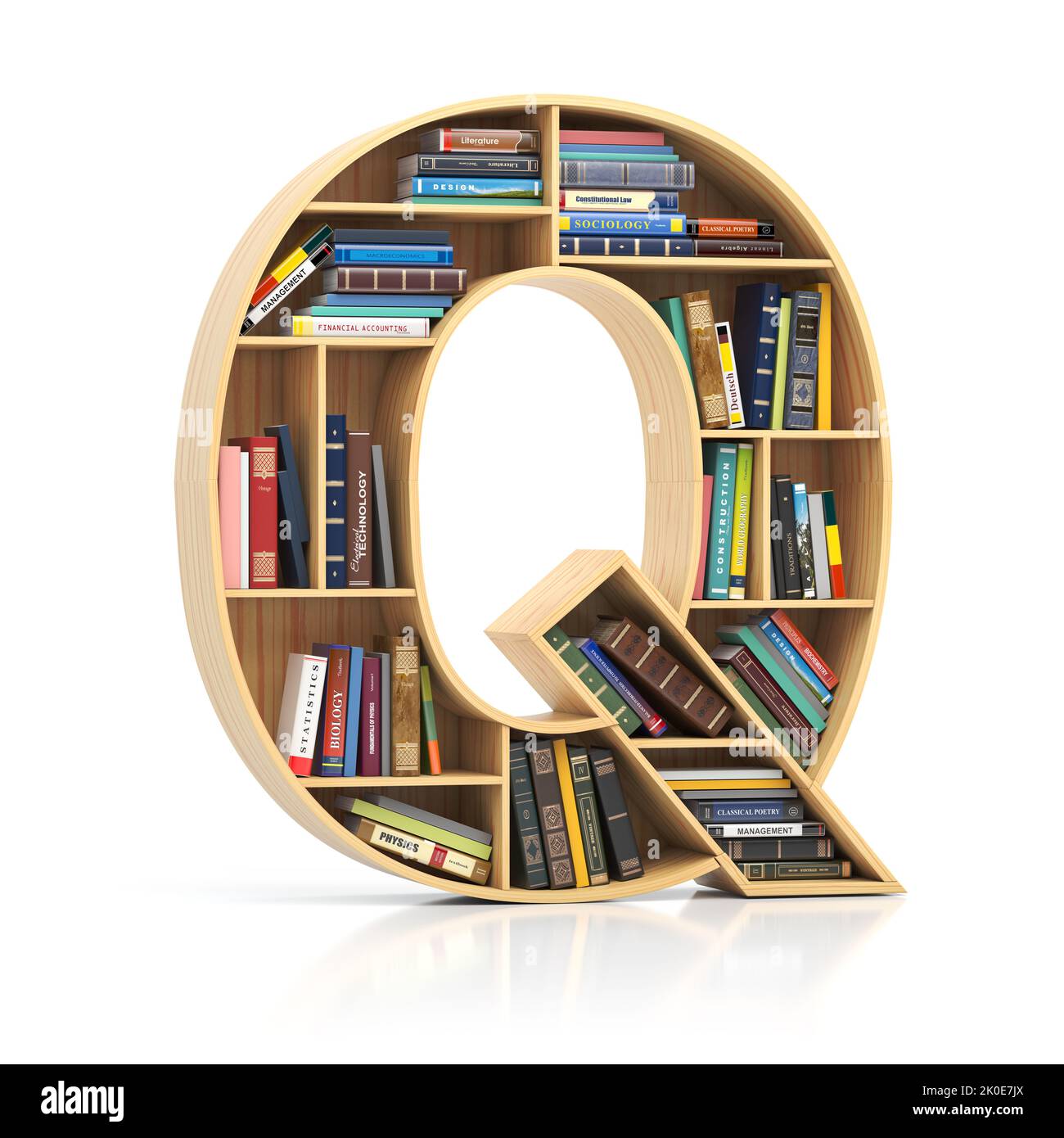 Letter Q in form of bookshelf with book and texbooks. Educational and learning conceptual font and alphabet. 3d illustration Stock Photo