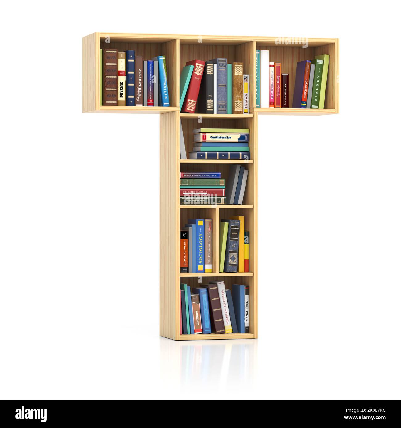 Letter T in form of bookshelf with book and texbooks. Educational and learning conceptual font and alphabet. 3d illustration Stock Photo