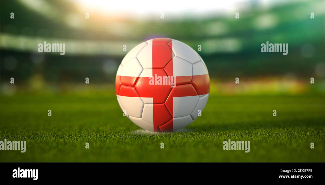 Football ball with flag of England on the field of football stadium and space for name of football clubs. Football championship of England concept. 3d Stock Photo