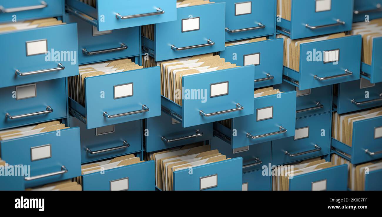 File cabinet full of foders. Storage, organization and administration concept. 3d illustration Stock Photo