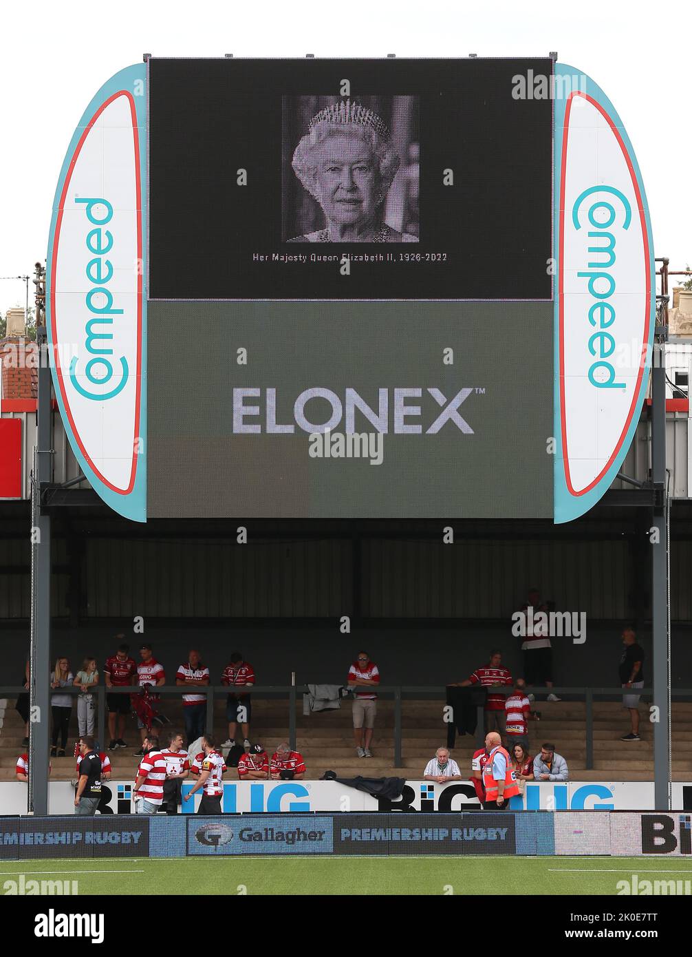 A general view of the big screen with a tribute to Queen Elizabeth II following her death on Thursday, before the game between Gloucester Rugby and Wasps’ during the Gallagher Premiership match at Kingsholm Stadium, Gloucester. Picture date: Sunday September 11, 2022. Stock Photo