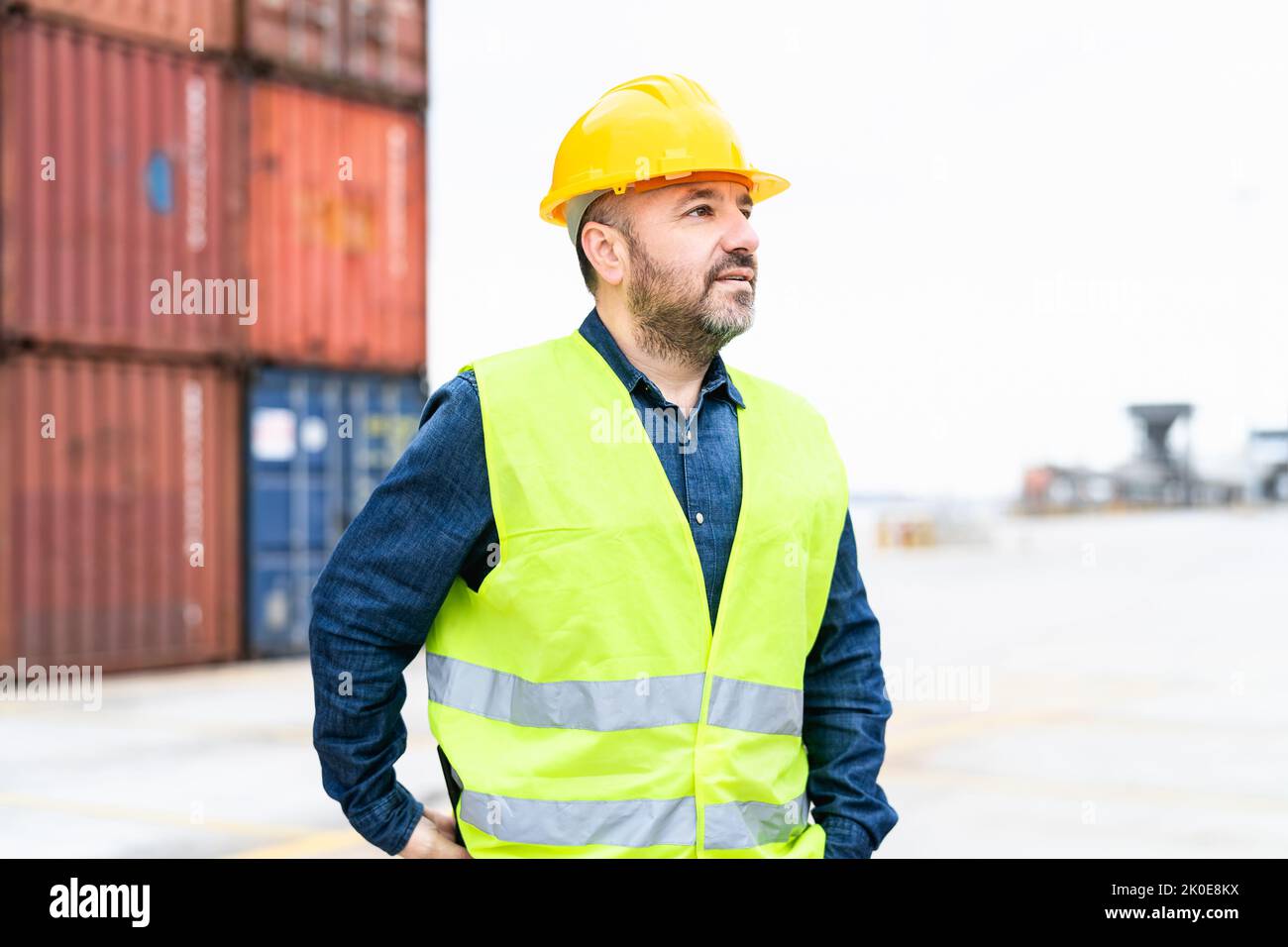 Industrial engineer working in logistic terminal of container cargo Stock Photo