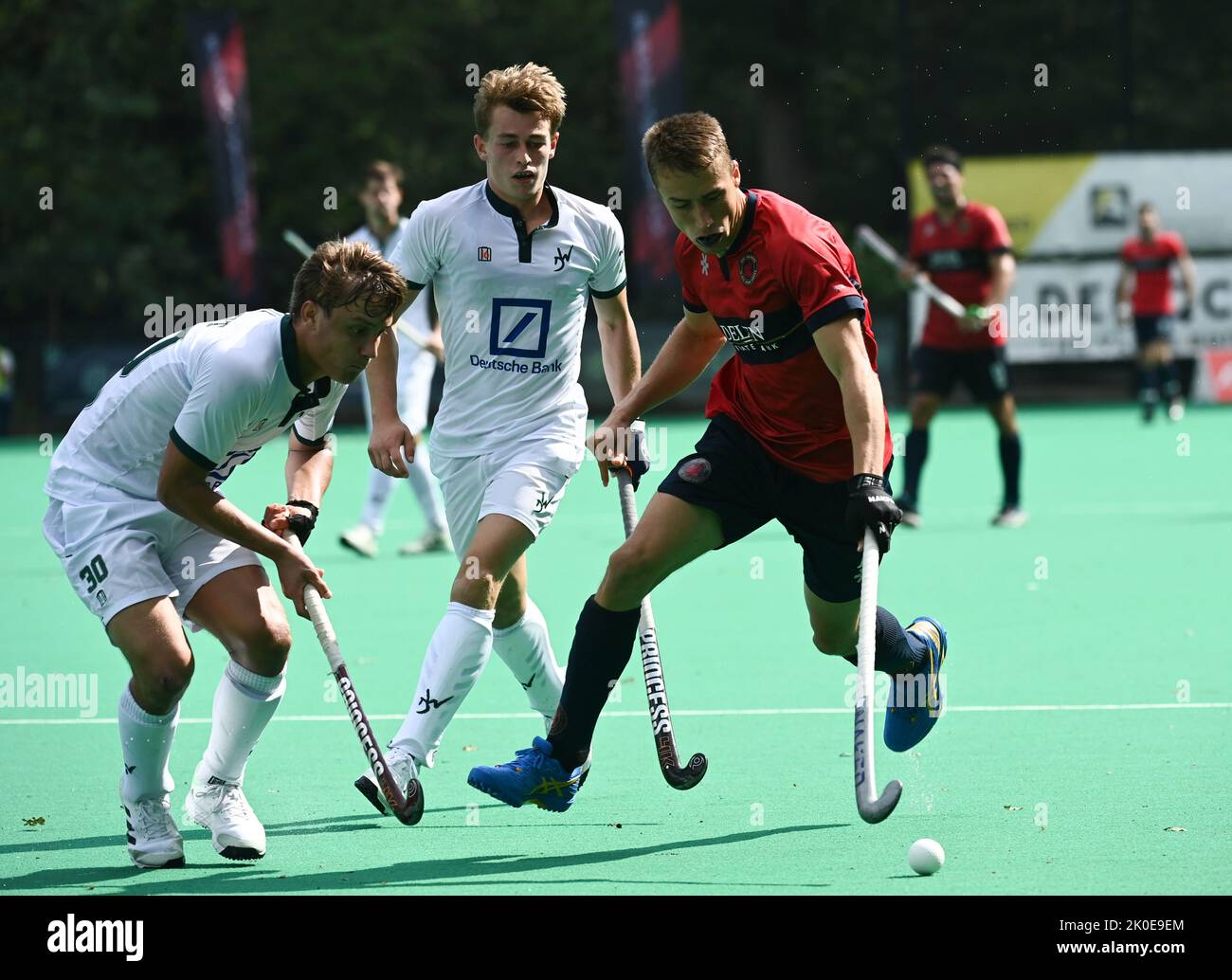Watduck's Brieuc Petit and Dragons' Thomas Crols fight for the ball during a hockey game between KHC Dragons and Waterloo Ducks, Sunday 11 September 2022 in Brasschaat, on day 2 of the Belgian Men Hockey League season 2022-2023. BELGA PHOTO JOHN THYS Stock Photo