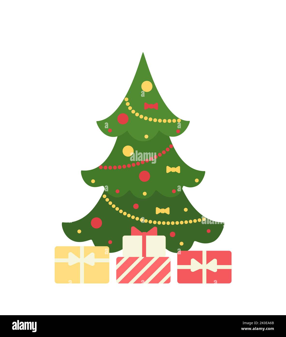 Christmas tree is decorated with garlands with gifts on white ...
