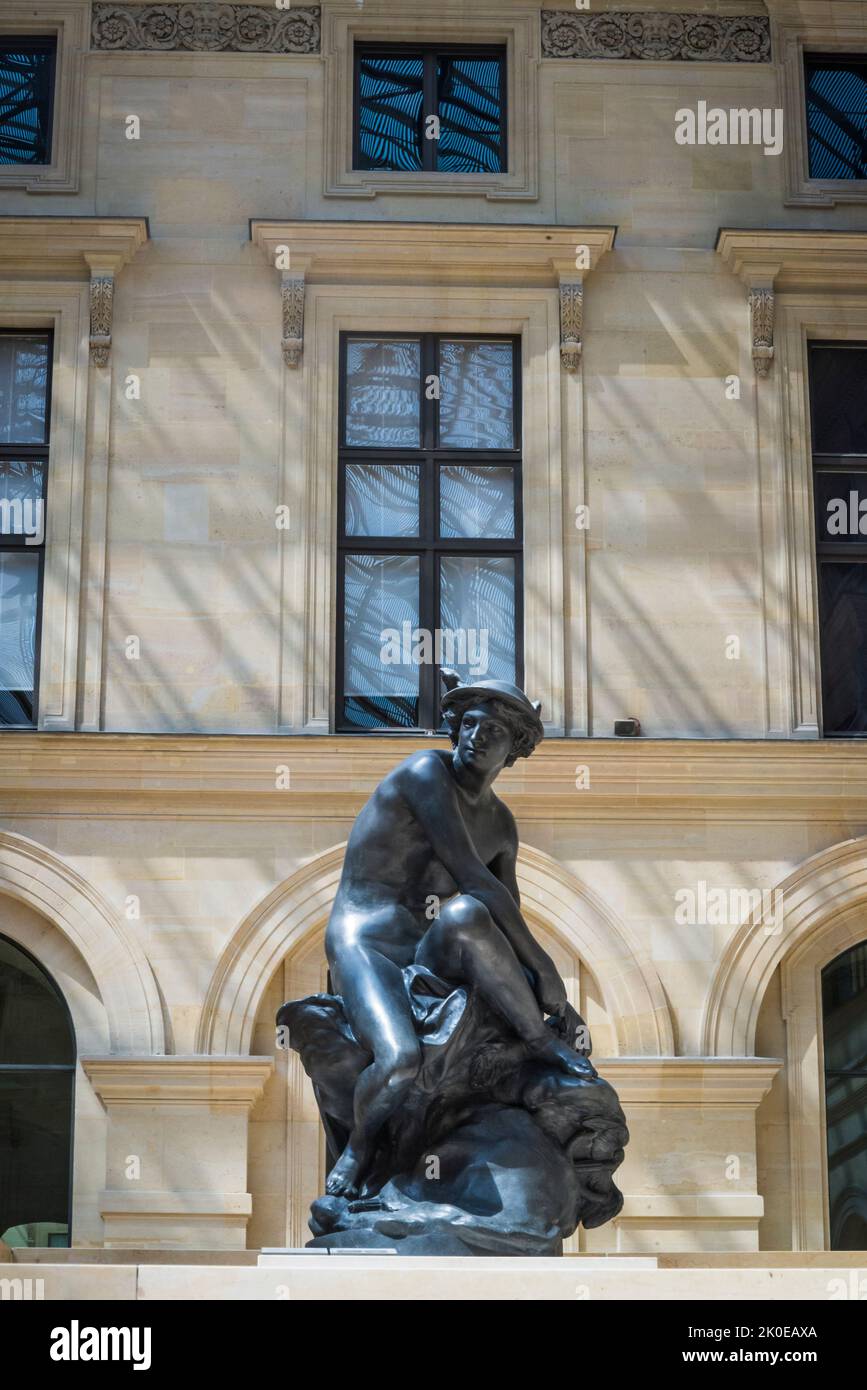 Jean-Baptiste Pigalle: Mercury Fastening his Heel Wings', lead, 1753, The Cour Puget where French sculpture is exhibited, Louvre Museum, the world's m Stock Photo