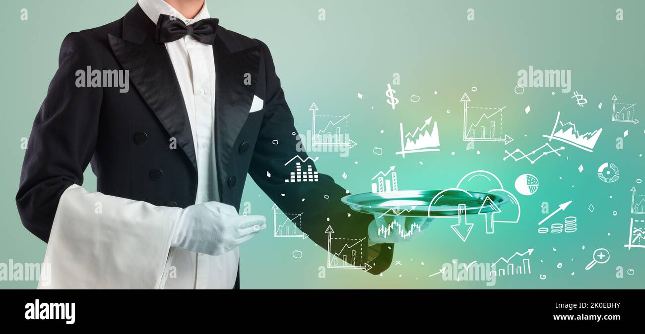 Handsome young waiter in tuxedo holding money icons on tray Stock Photo