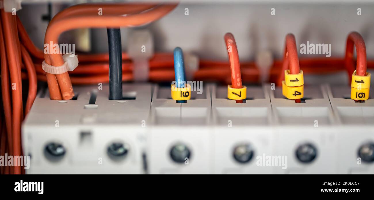 Electrical panel with fuses and contactors, closeup Stock Photo Alamy