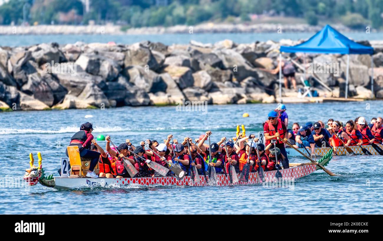 Toronto, Canada - September 10, 2022: A team paddles in a dragon boat during the GWN Dragon Boat Race. Stock Photo