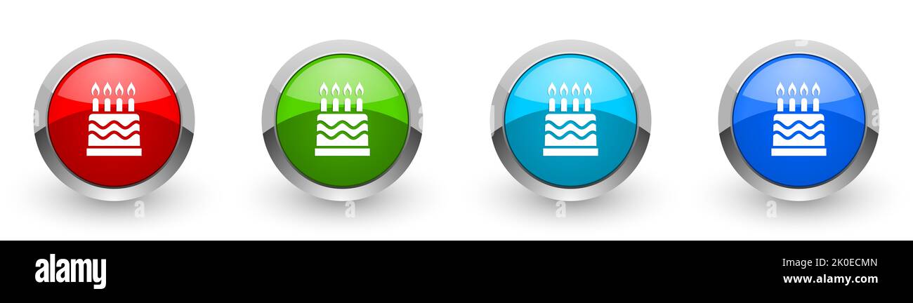 Birthday cake web icons, set of silver metallic food concept round ...