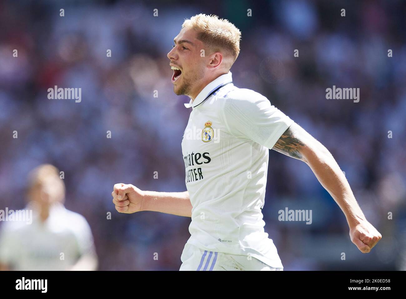 Madrid, Spain. 11th Sep, 2022. Federico Valverde of Real Madrid celebrates after scoring the 1-1 during the La Liga match between Real Madrid and RCD Mallorca played at Santiago Bernabeu Stadium on September 11, 2022 in Madrid, Spain. (Photo by Ruben Albarran / PRESSIN) Credit: PRESSINPHOTO SPORTS AGENCY/Alamy Live News Stock Photo