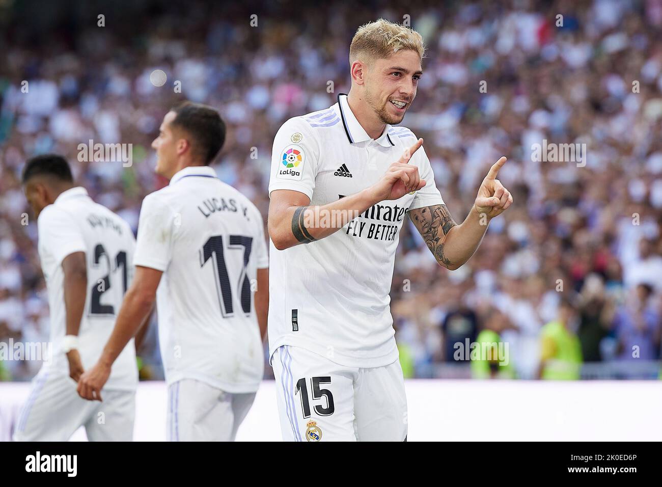 Madrid, Spain. 11th Sep, 2022. Federico Valverde of Real Madrid celebrates after scoring goal during the La Liga match between Real Madrid and RCD Mallorca played at Santiago Bernabeu Stadium on September 11, 2022 in Madrid, Spain. (Photo by Ruben Albarran / PRESSIN) Credit: PRESSINPHOTO SPORTS AGENCY/Alamy Live News Stock Photo