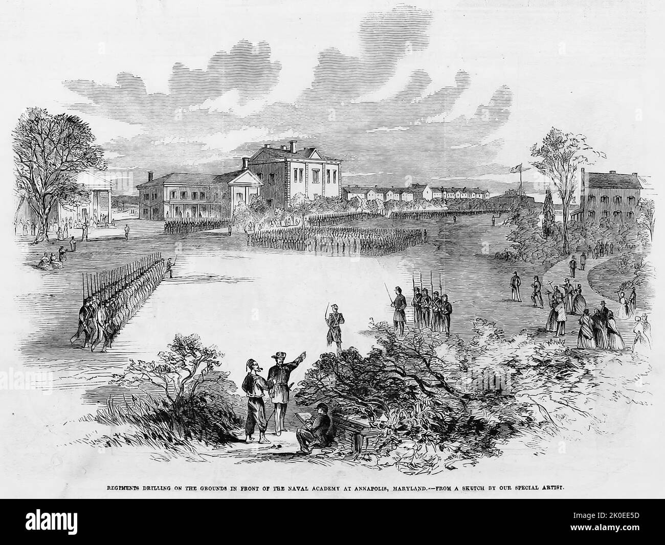 Regiments drilling on the grounds in front of the Naval Academy at Annapolis, Maryland, May 1861. 19th century American Civil War illustration from Frank Leslie's Illustrated Newspaper Stock Photo