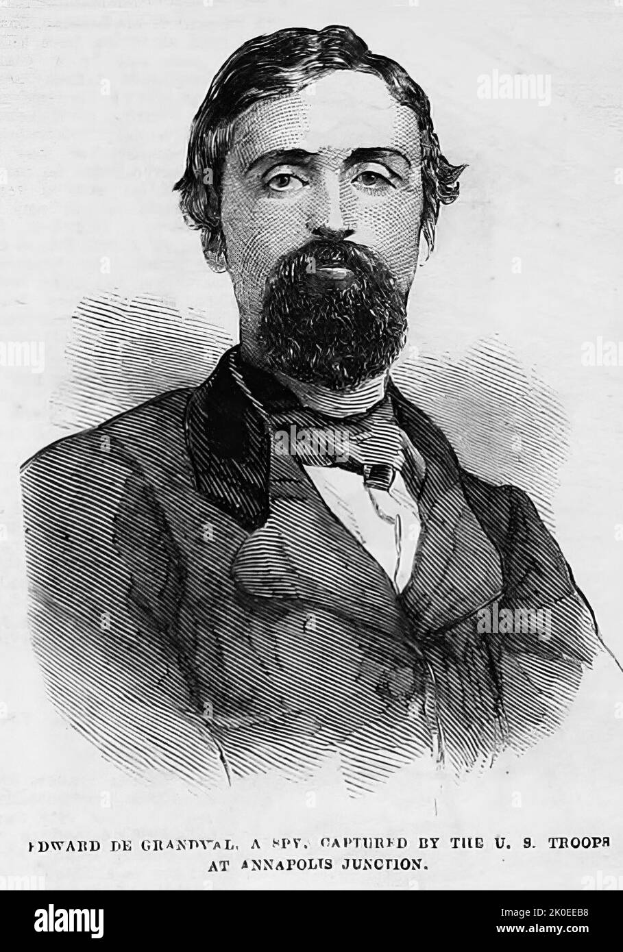 Portrait of Edward de Grandval, a Secessionist spy, captured by the U. S. troops at Annapolis Junction, May 1861. 19th century American Civil War illustration from Frank Leslie's Illustrated Newspaper Stock Photo