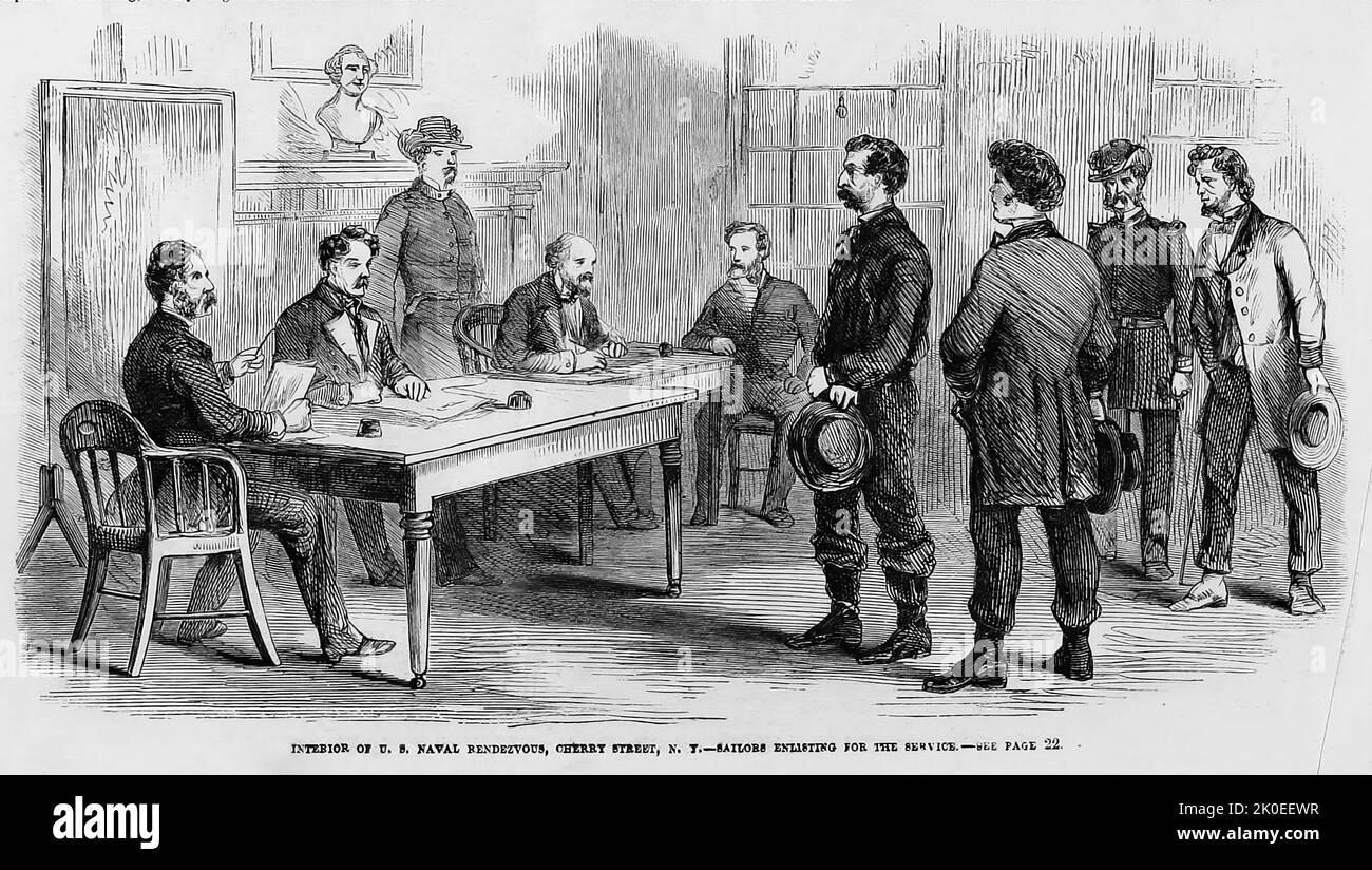 Interior of U.S. Naval recruiting rendezvous, Cherry Street, New York - Sailors enlisting for the Service, May 1861. 19th century American Civil War illustration from Frank Leslie's Illustrated Newspaper Stock Photo