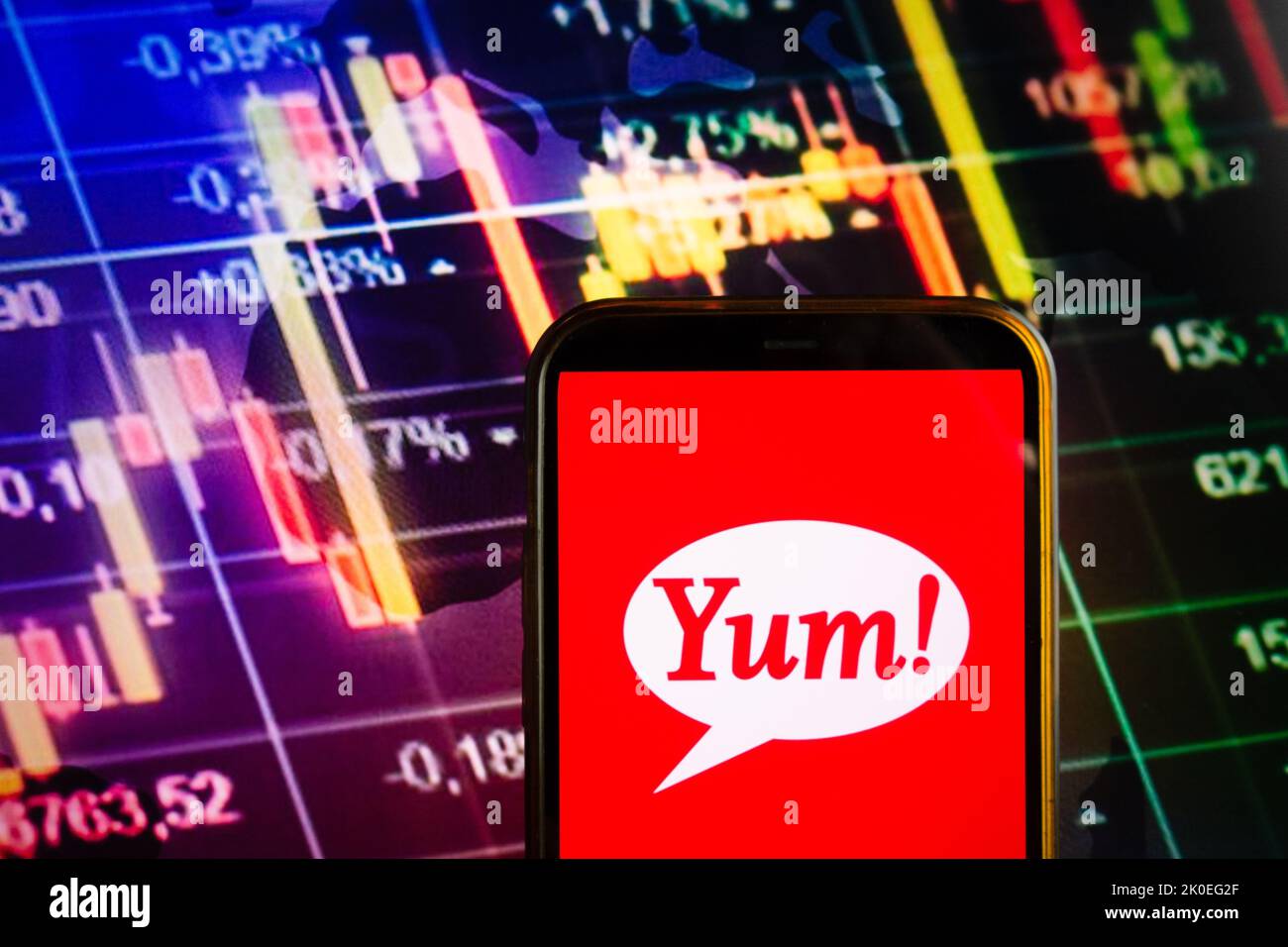 KONSKIE, POLAND - September 10, 2022: Smartphone displaying logo of Yum Brands company on stock exchange diagram background Stock Photo
