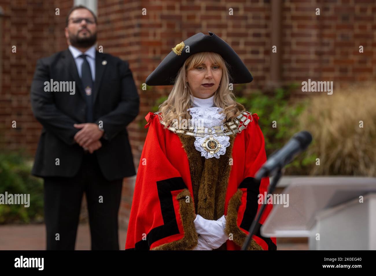 Brentwood, UK. 11th Sep, 2022. Brentwood Essex 11th Sept 2022 The Proclamation of Accession at the Town Hall, Brentwood Essex, read by the Mayor of Brentwood Mrs Olivia Francois and the introduction read by Col. Peter Christian, Deputy Lieutenant of Essex Pictured Mayor of Brentwood Mrs Olivia Francois Credit: Ian Davidson/Alamy Live News Stock Photo