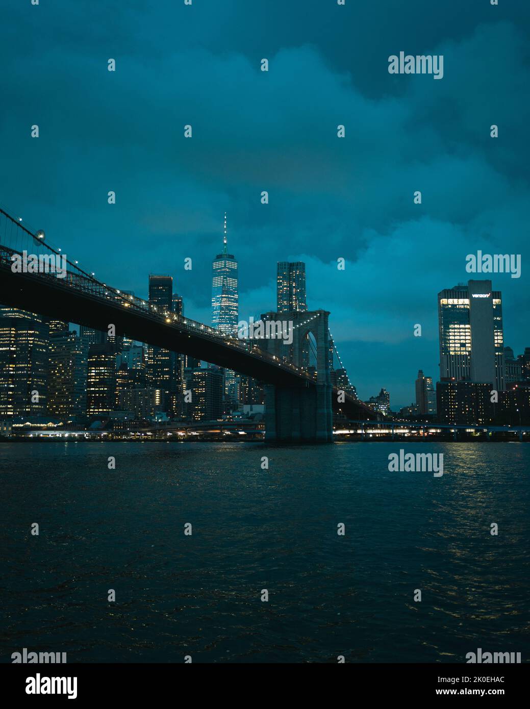 View of the Manhattan skyline and Brooklyn Bridge from Dumbo, Brooklyn, New York Stock Photo