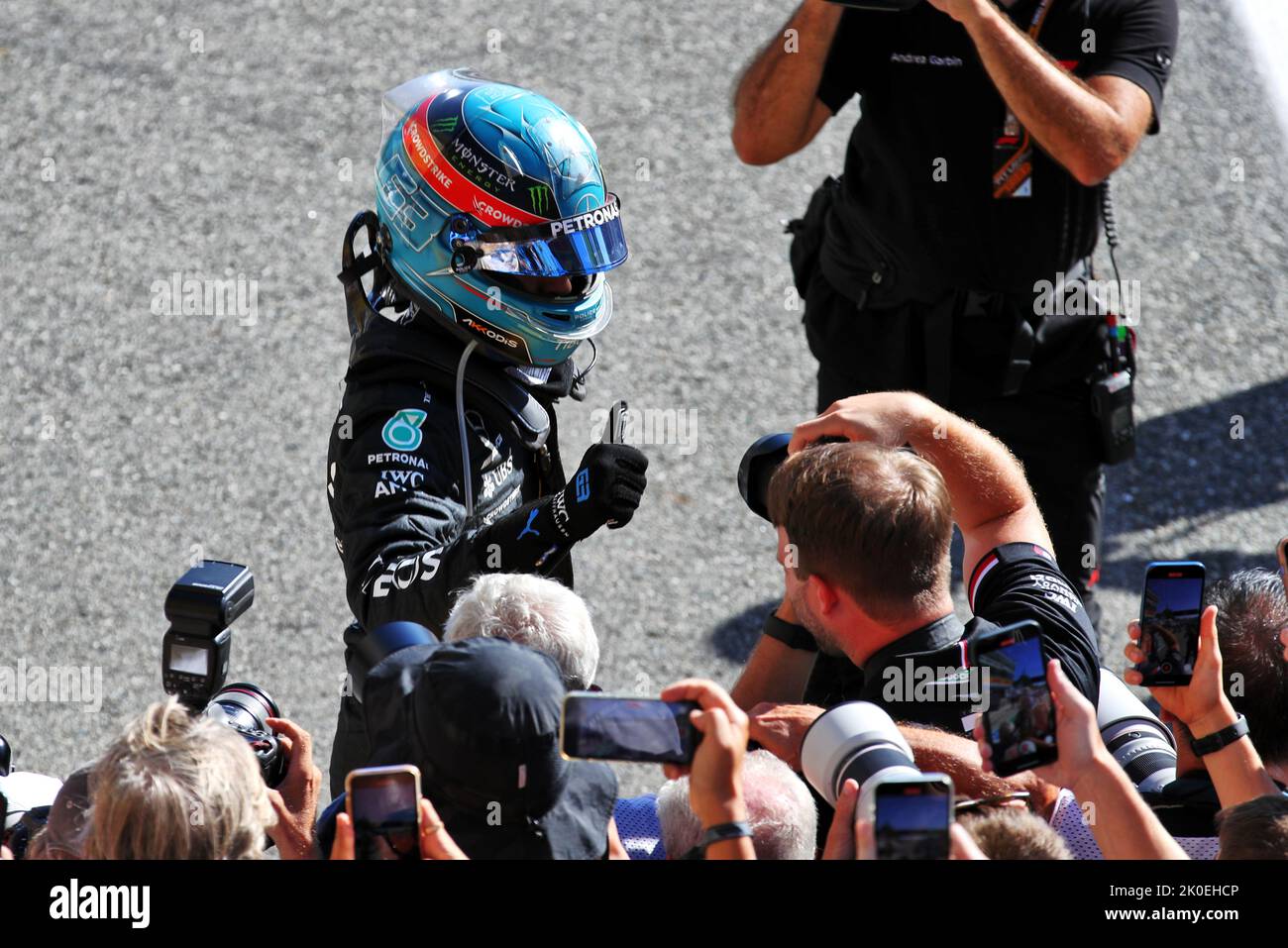 Monza, Italy. 11th Sep, 2022. George Russell (GBR) Mercedes AMG F1 celebrates his third position in parc ferme. Italian Grand Prix, Sunday 11th September 2022. Monza Italy. Credit: James Moy/Alamy Live News Stock Photo