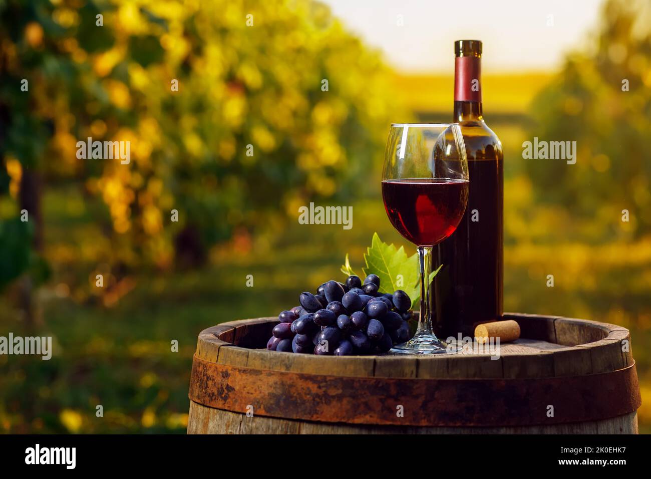red wine in glass and grape on wooden barrel with vineyard Stock Photo
