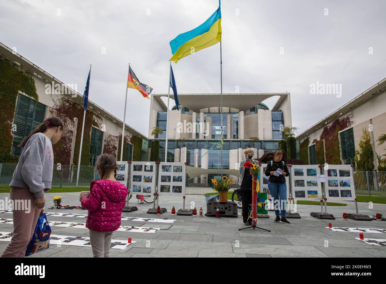 On the 200th day of the invasion of Ukraine by the Russian Federation, a memorial ceremony in honor of the killed Ukrainian children took place on September 11, 2022, in front of the Office of the Federal Chancellor, located at Willy-Brandt-Strasse 1 in Berlin, Germany's capital. According to the United Nations International Children's Emergency Fund, or UNICEF, nearly 1,000 children were killed or injured. UNICEF describes the situation of children from Ukraine as appalling. The lives of at least 7.5 million children are in danger and several million children are on the run. Most verified chi Stock Photo