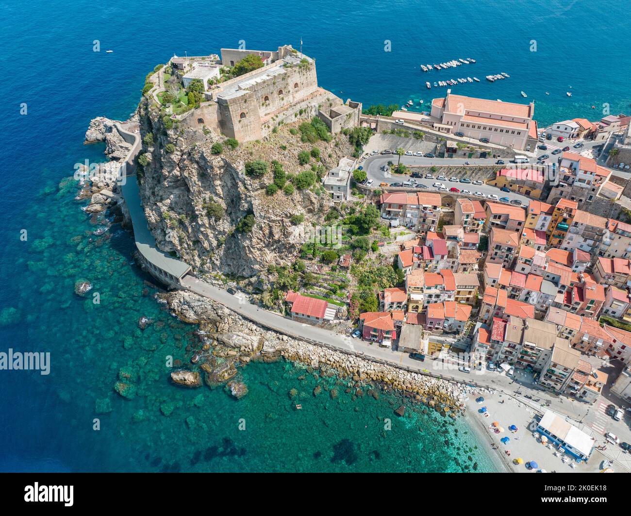 Aerial view of Scilla, Reggio Calabria, Calabria. Promontory at the northern entrance of the Strait of Messina. Ruffo Castle and lighthouse Stock Photo