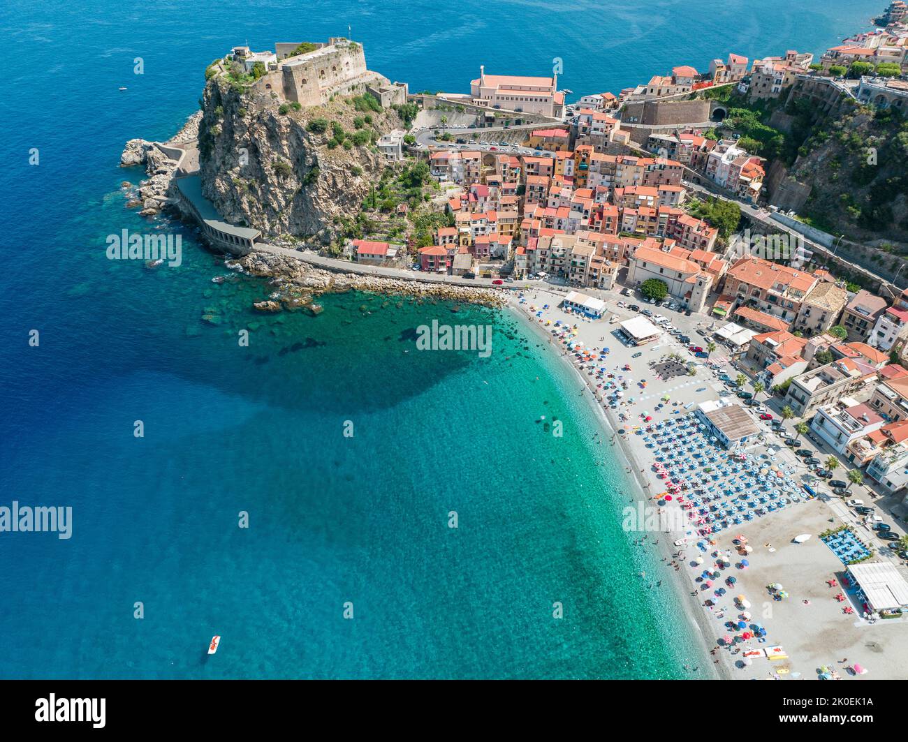 Aerial view of Scilla, Reggio Calabria, Calabria. Promontory at the northern entrance of the Strait of Messina. Ruffo Castle and lighthouse Stock Photo