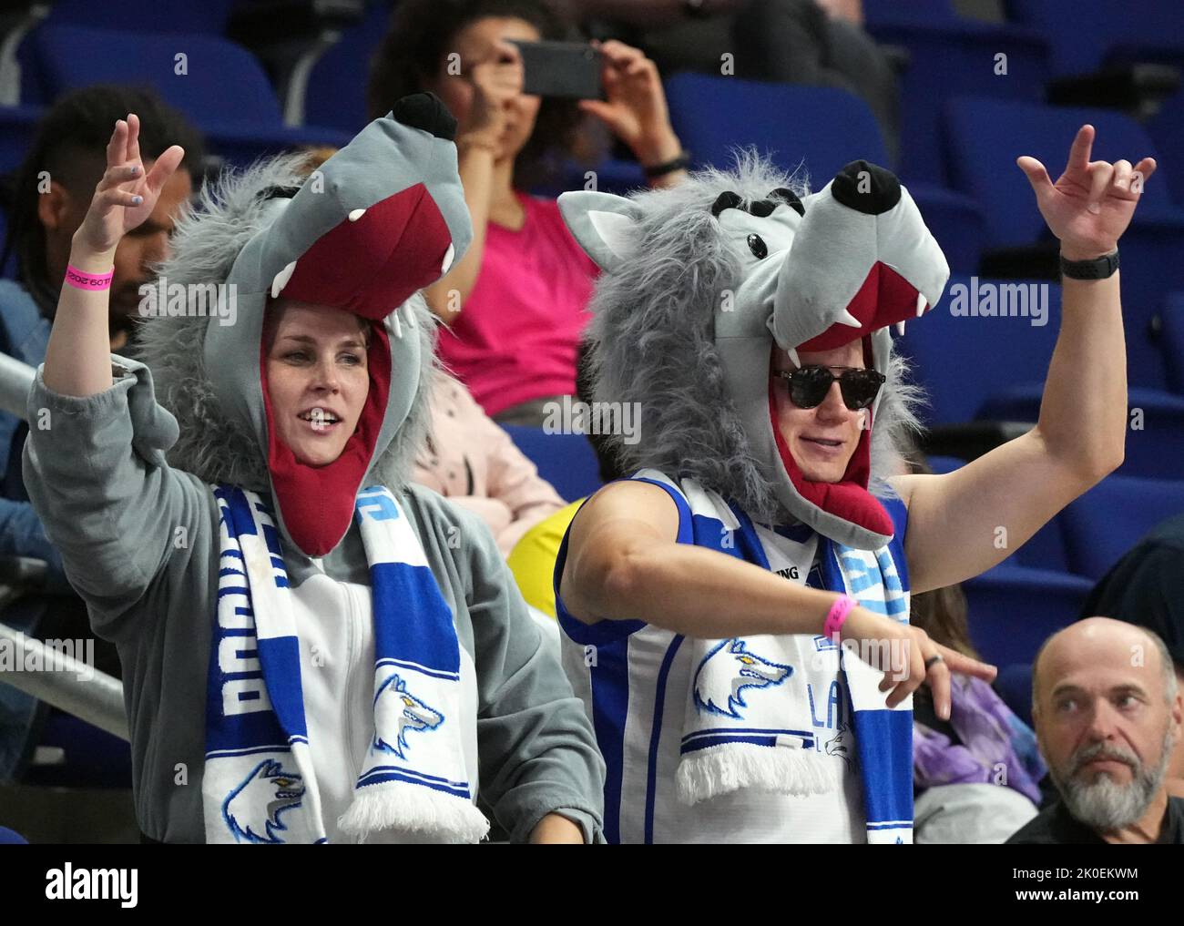 Berlin, Germany. 11th Sep, 2022. Basketball: European Championship, Finland - Croatia, knockout round, round of 16, Mercedes-Benz Arena, fans of the Finnish team dance in wolf costumes. Credit: Soeren Stache/dpa/Alamy Live News Stock Photo