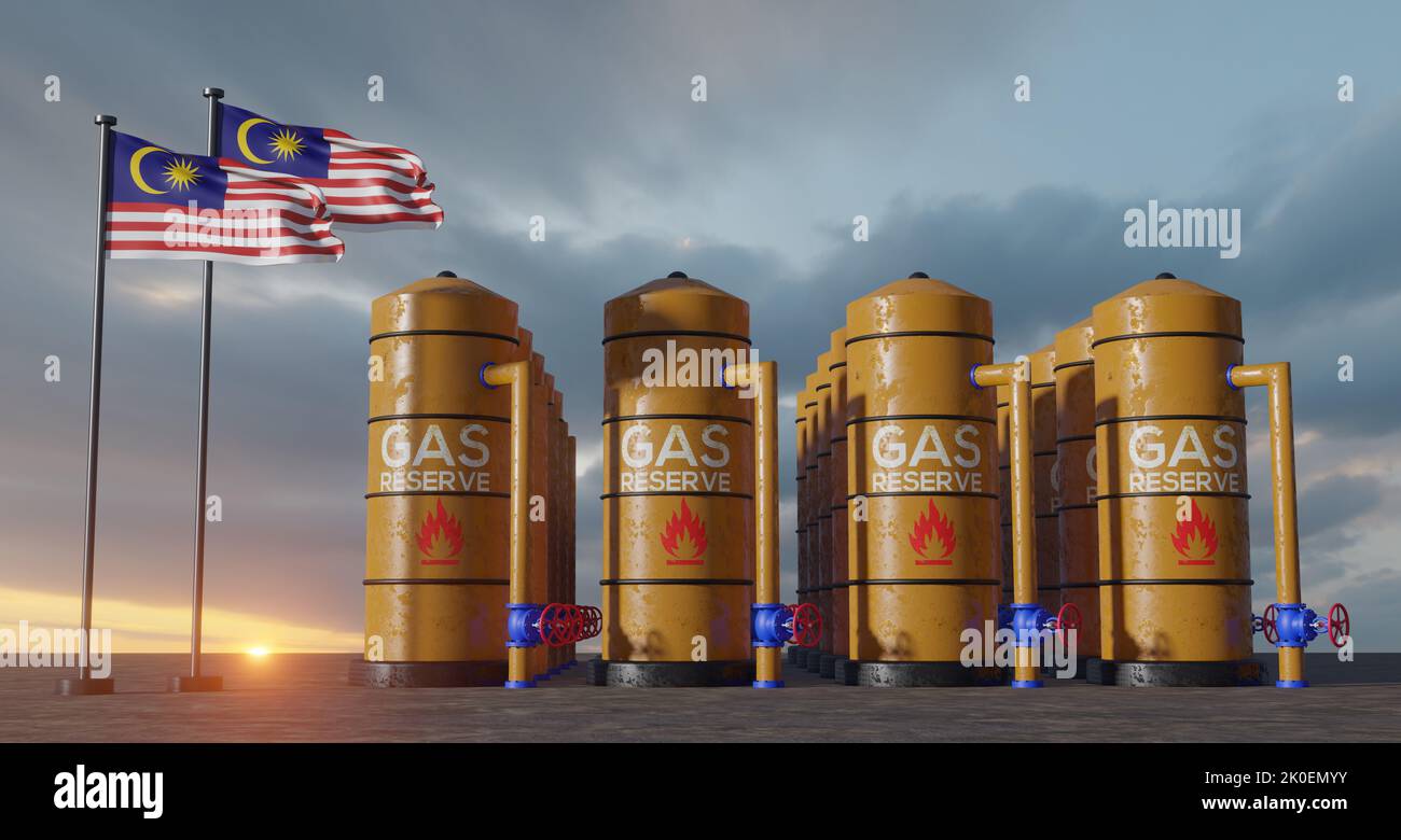 Malaysia gas reserve, Malaysia Gas storage reservoir, Natural gas tank Malaysia with flag