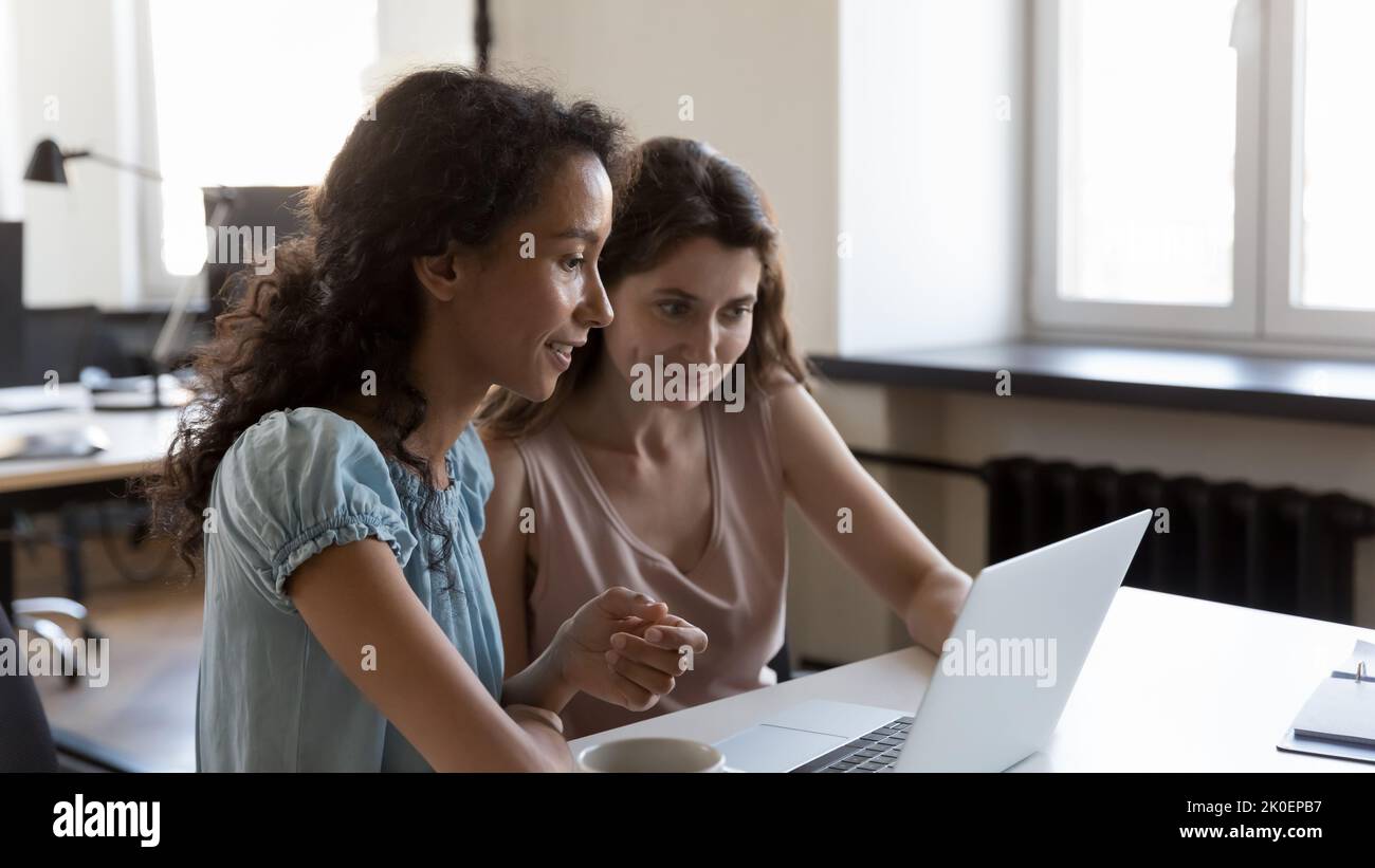 Two diverse employees working on project tasks together Stock Photo