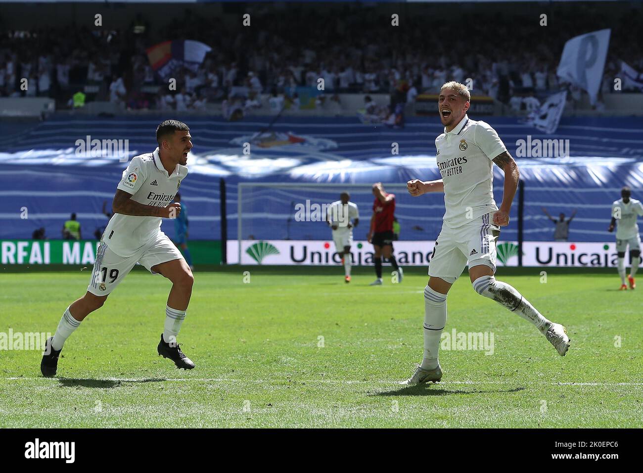 Madrid, Spain. 11th September, 2022. Real Madrid´s Federico Valverde celebrates during La Liga match day 5 between Real Madrid and Mallorca at Santiago Bernabeu Stadium in Madrid, Spain, on September 11, 2022. Credit: Edward F. Peters/Alamy Live News Stock Photo