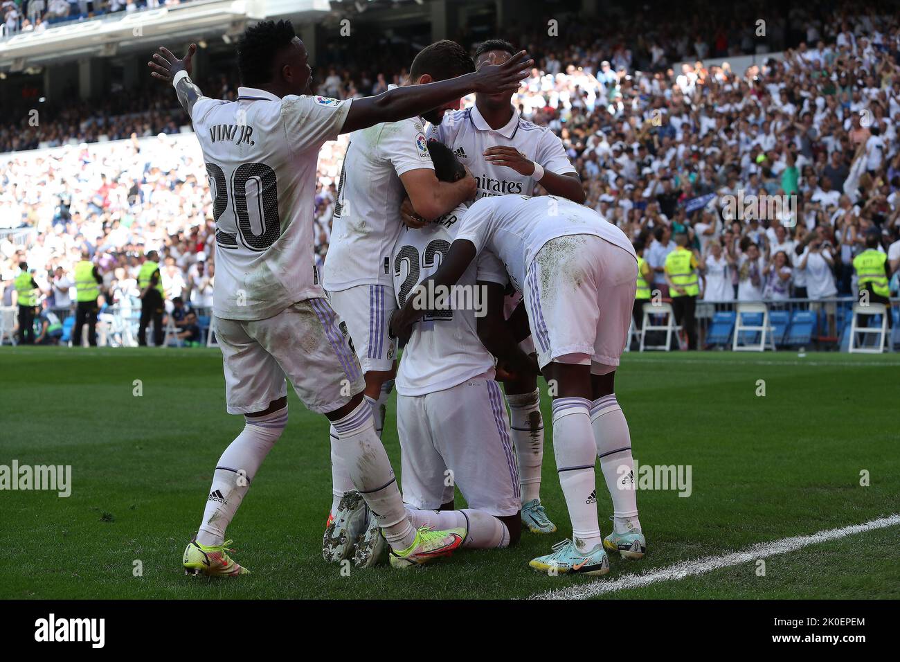 Madrid, Spain. 11th September, 2022. Real Madri players celebrate during La Liga match day 5 between Real Madrid and Mallorca at Santiago Bernabeu Stadium in Madrid, Spain, on September 11, 2022. Credit: Edward F. Peters/Alamy Live News Stock Photo