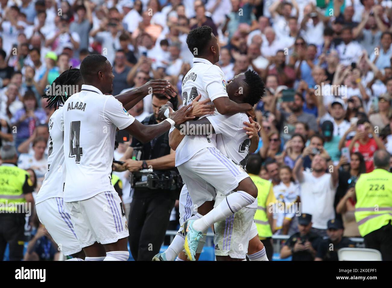 Madrid, Spain. 11th September, 2022. Real Madrid players celebrate during La Liga match day 5 between Real Madrid and Mallorca at Santiago Bernabeu Stadium in Madrid, Spain, on September 11, 2022. Credit: Edward F. Peters/Alamy Live News Stock Photo