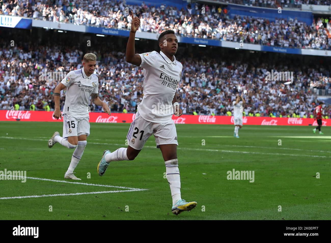 Madrid, Spain. 11th September, 2022. Real Madrid´s Rodrygo celebrates during La Liga match day 5 between Real Madrid and Mallorca at Santiago Bernabeu Stadium in Madrid, Spain, on September 11, 2022. Credit: Edward F. Peters/Alamy Live News Stock Photo