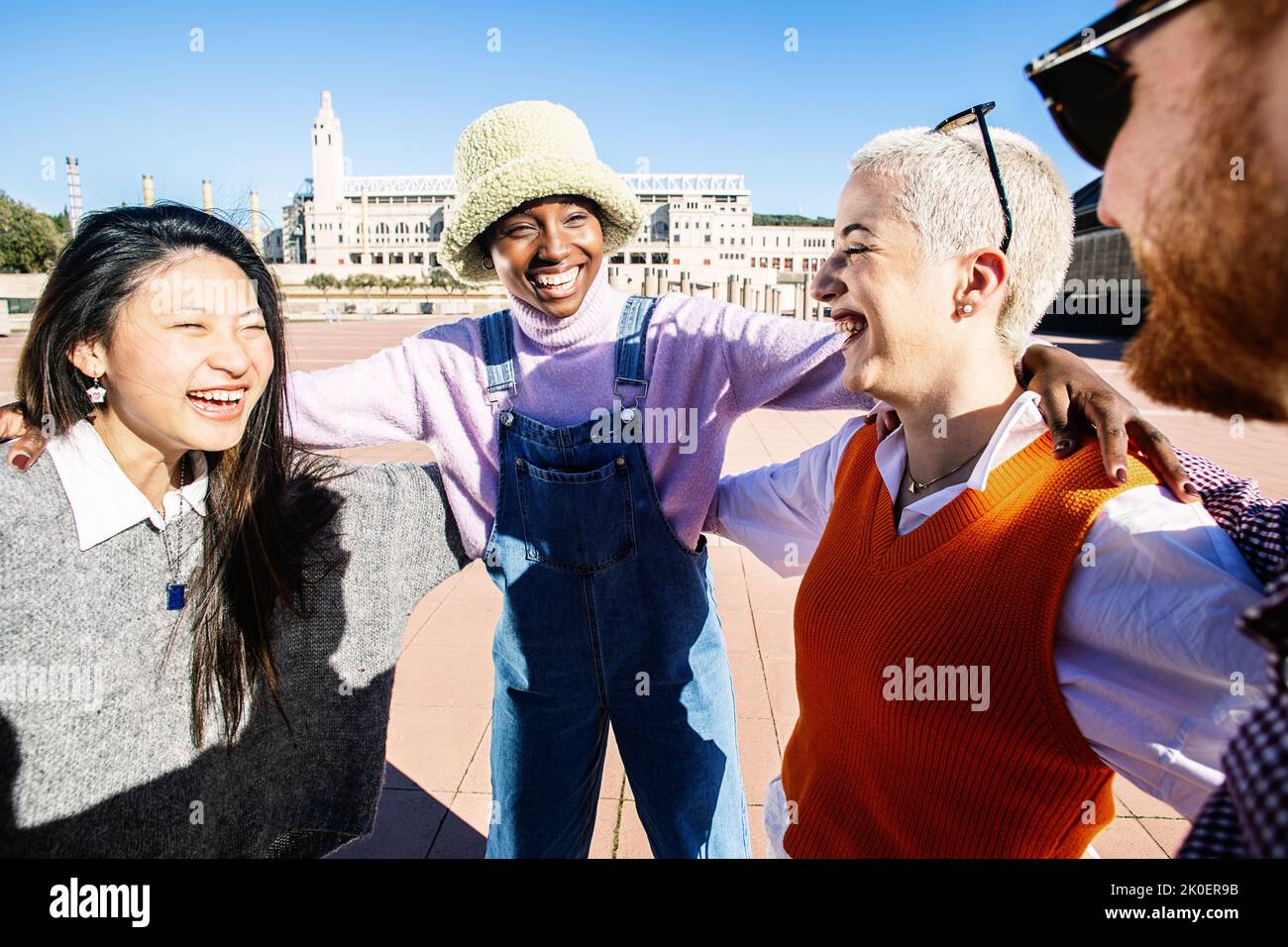 Young group of multiracial friends having fun together outdoor Stock Photo