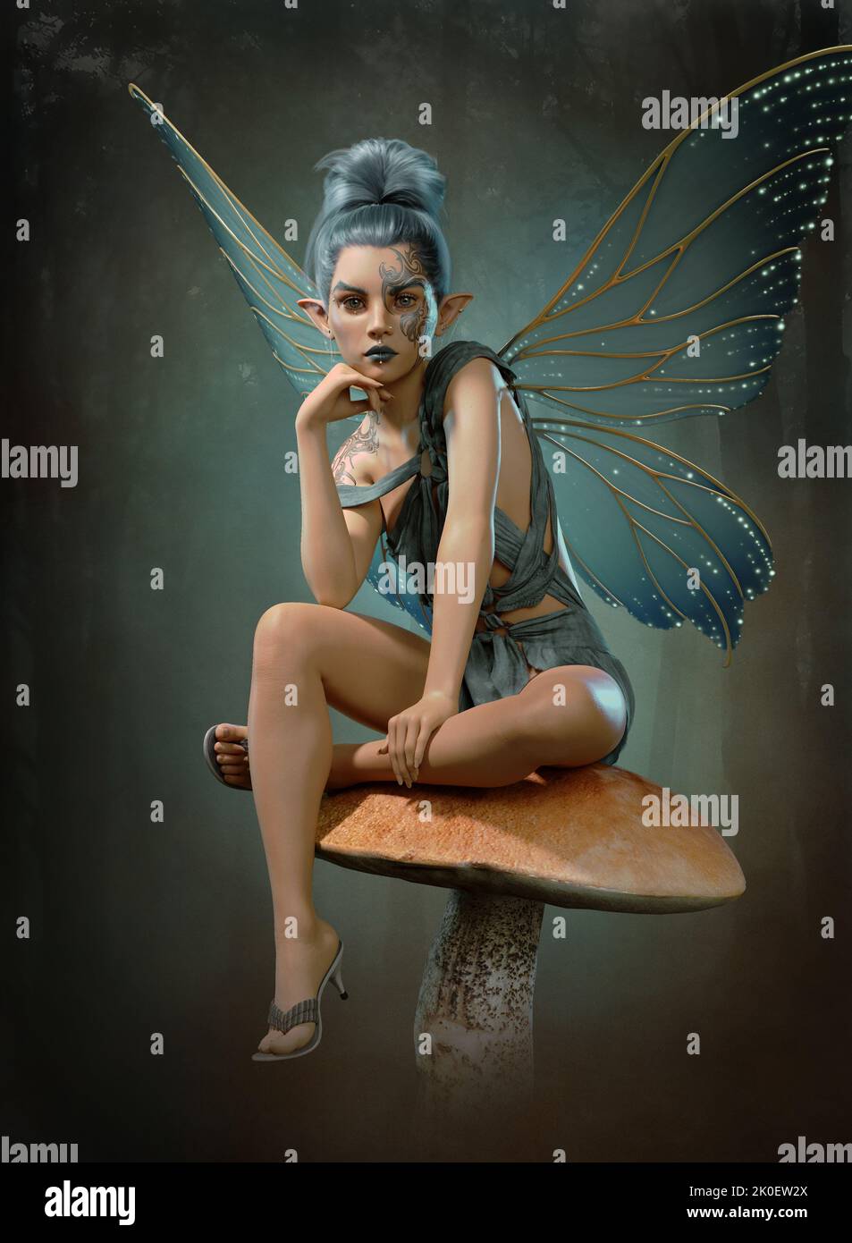 3d computer graphics of a fairy sitting on a mushroom Stock Photo