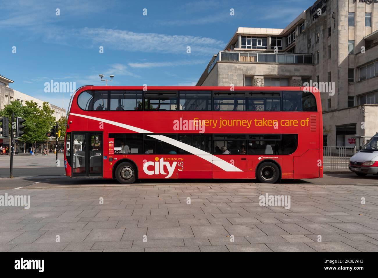 Plymouth, Devon, England, UK. 2022. Red bus on Royal Parade in the city centre of Plymouth, England, UK Stock Photo