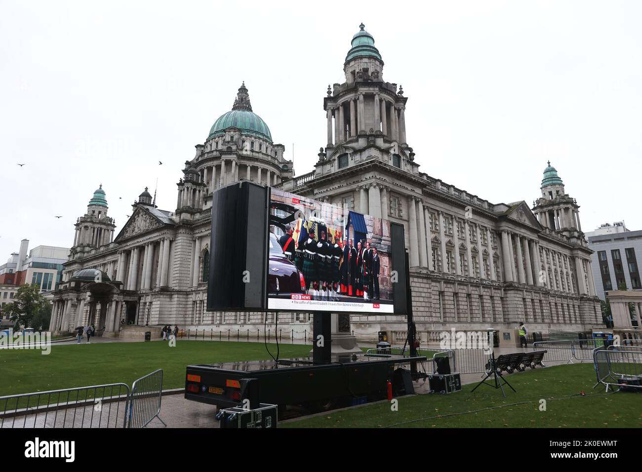 The coffin of Queen Elizabeth II is shown being brought into the Palace