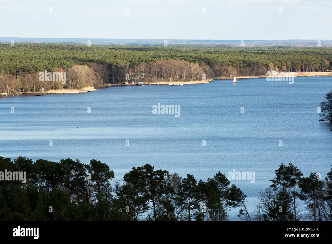 Landscape of the Slawskie Lake District seen from the 'Joanna' viewing platform in Konotop village, Lubusz Voivodeship. Slawskie Lake surrounded by pine forests is the largest reservoir in the Lubuskie Province. Captivating views make the Slawskie Lake area a popular tourist destination. Stock Photo