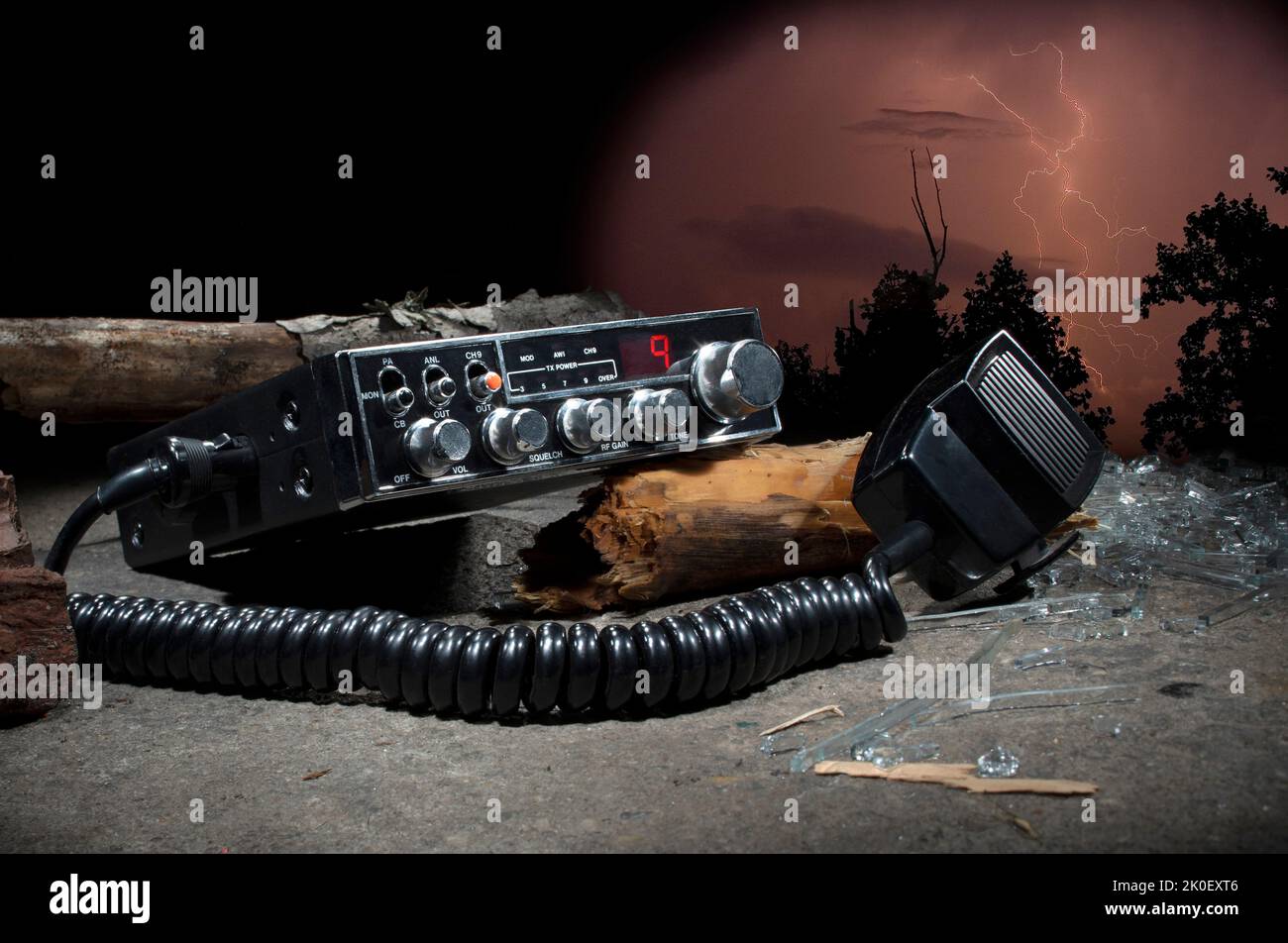 CB radio still working in the debris after storm damage Stock Photo Alamy