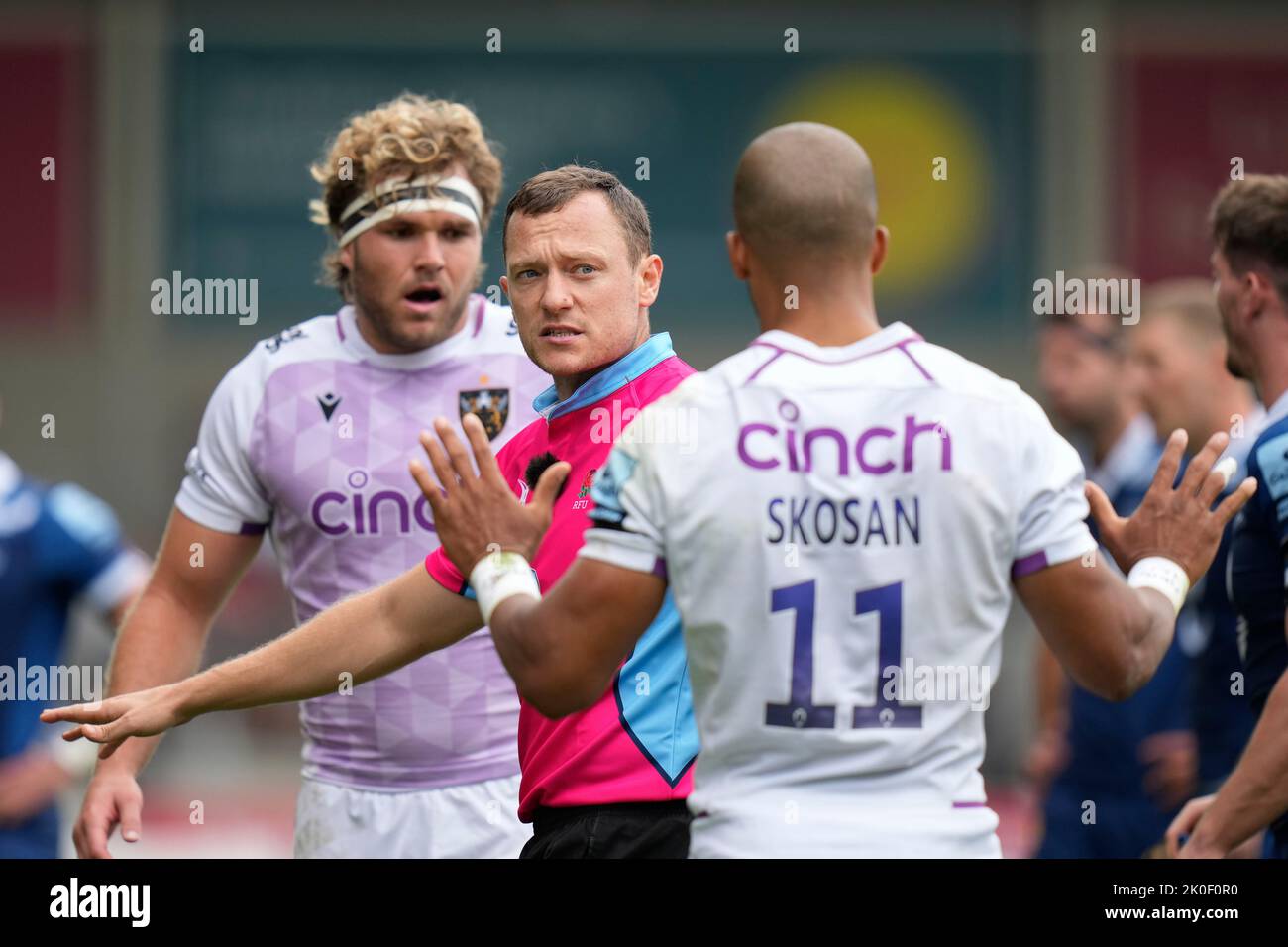 Northampton Saints Courtnall Skosan pleads innocence to Referee Tom Foley after a high tackle during the Gallagher Premiership match Sale Sharks vs Northampton Saints at AJ Bell Stadium, Eccles, United Kingdom, 11th September 2022  (Photo by Steve Flynn/News Images) Stock Photo