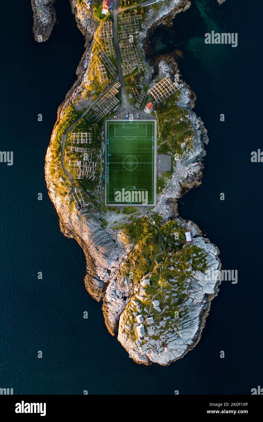 Aerial view of Henningsvaer football field in Lofoten, Norway Stock