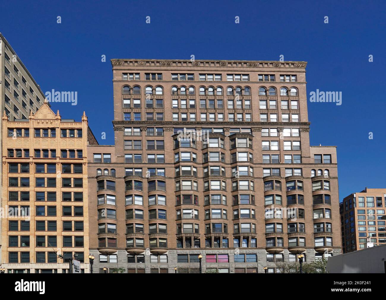 Chicago, facades of old buildings in the Loop, all constructed in the 19th century; Old Colony, Plymouth and Manhattan Buildings Stock Photo