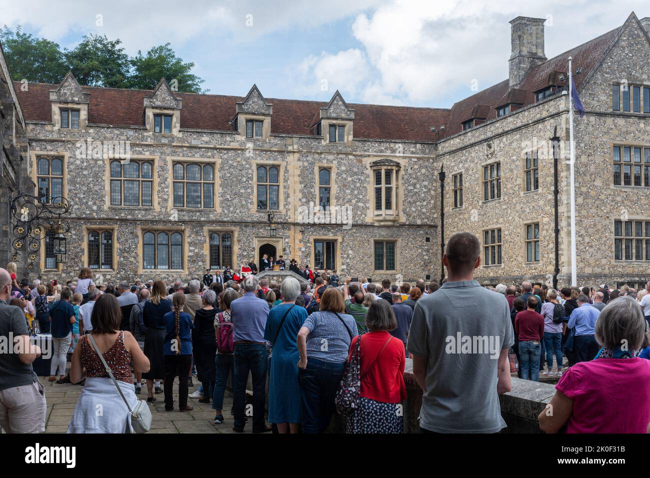 Winchester, Hampshire, UK. 11th September, 2022. The Proclamation of the Accession of King Charles III three days after the death of Queen Elizabeth II. The High Sheriff of Hampshire, Lady Edwina Grosvenor, accompanied by the Lord Lieutenant of Hampshire and other dignitaries, read the proclamation at 1pm outside The Great Hall in front of crowds of people. Stock Photo