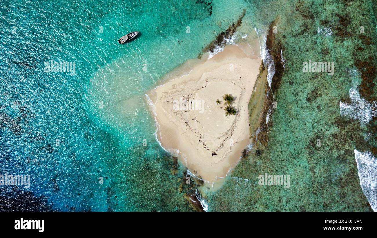 Aerial view of boat anchored just off Sandy Spit in the British Virgin