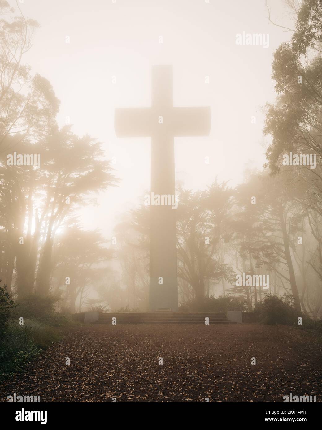 Mt. Davidson Cross in fog, San Francisco, California Stock Photo