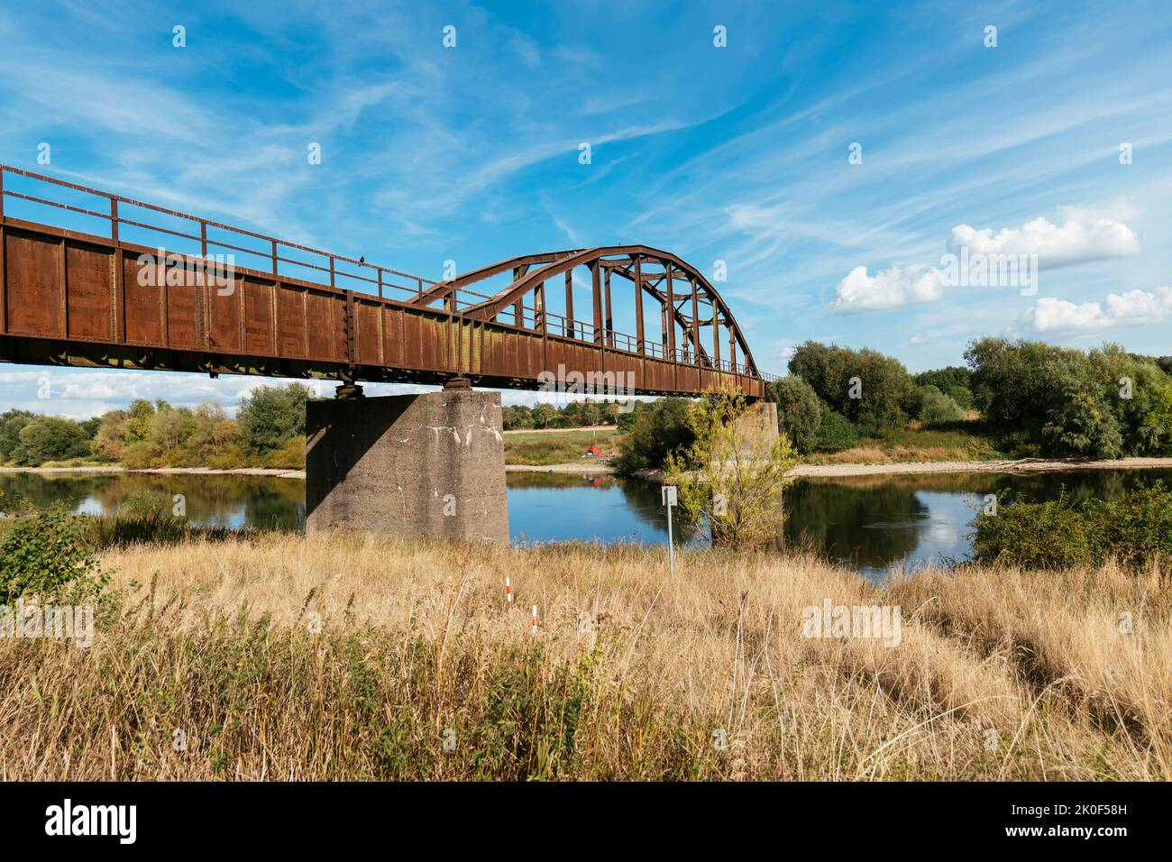 Abandoned railway bridge from 1938 across the Weser river  in Porta Westfalica Stock Photo